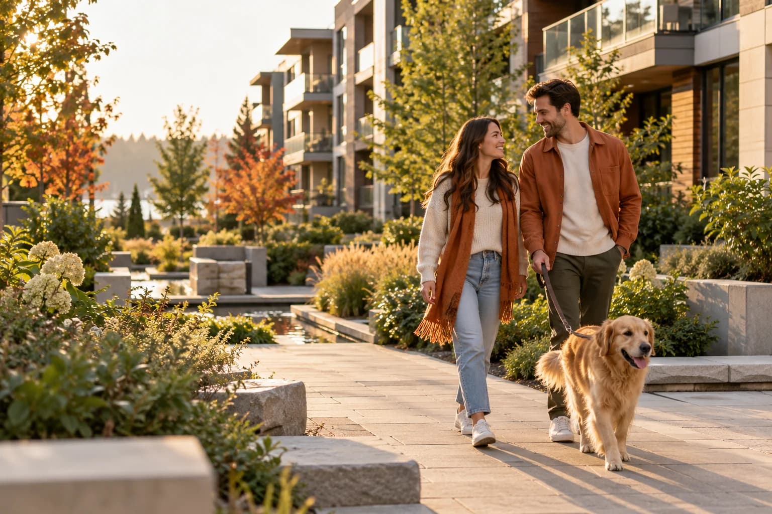 A couple and their dog walking through a residential neighbourhood